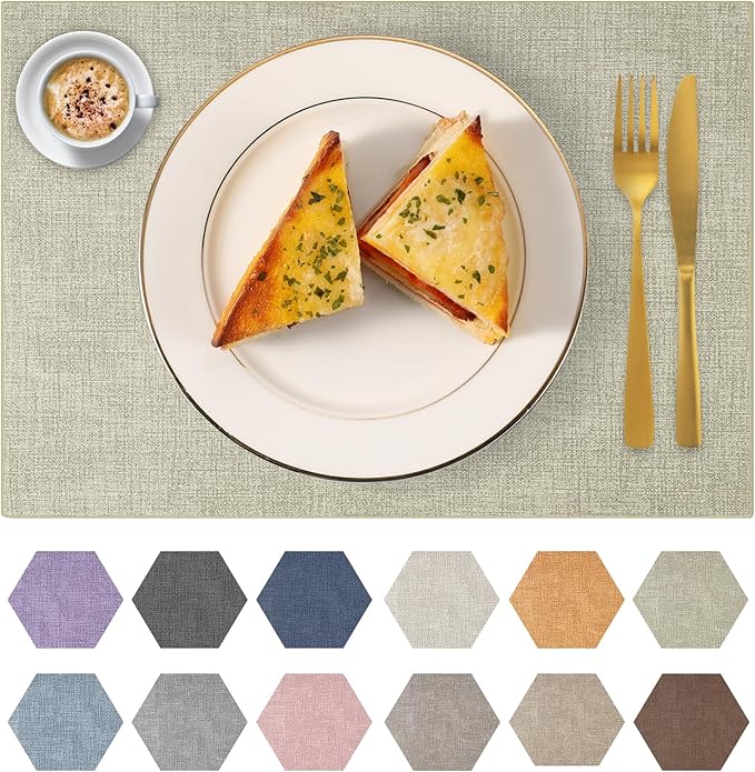 Faux Leather Placemats Set of 6 Washable PU Table mats for Kitchen Table - Heat Resistant, Waterproof, Easy Clean, Anti Slip 11.8" x 17" (Light Green-6 Pack)