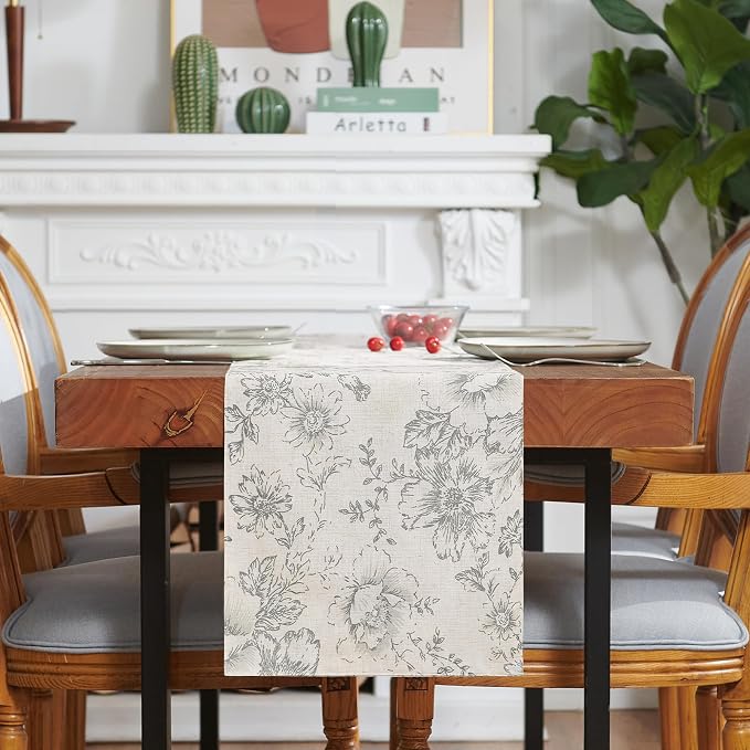 jinchan Grey Floral Linen Table Runner 13 x 90 Inch Farmhouse | Neutral - Image 7