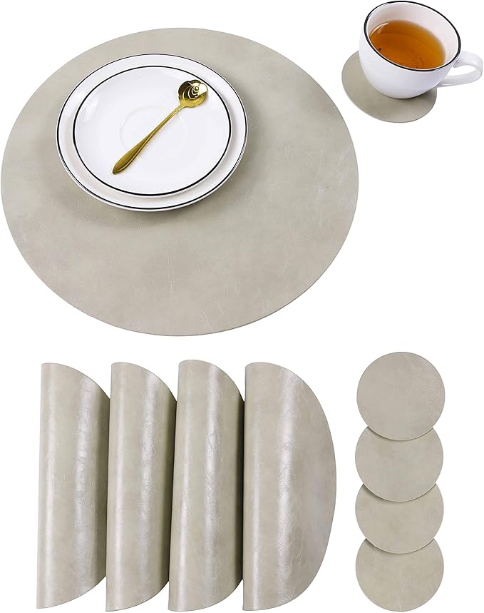 Set of 4 Faux Leather Round Placemats and Coasters, Coffee Mats Kitchen Table Mats, Waterproof, Easy to Clean for Kitchen Dining Round Table