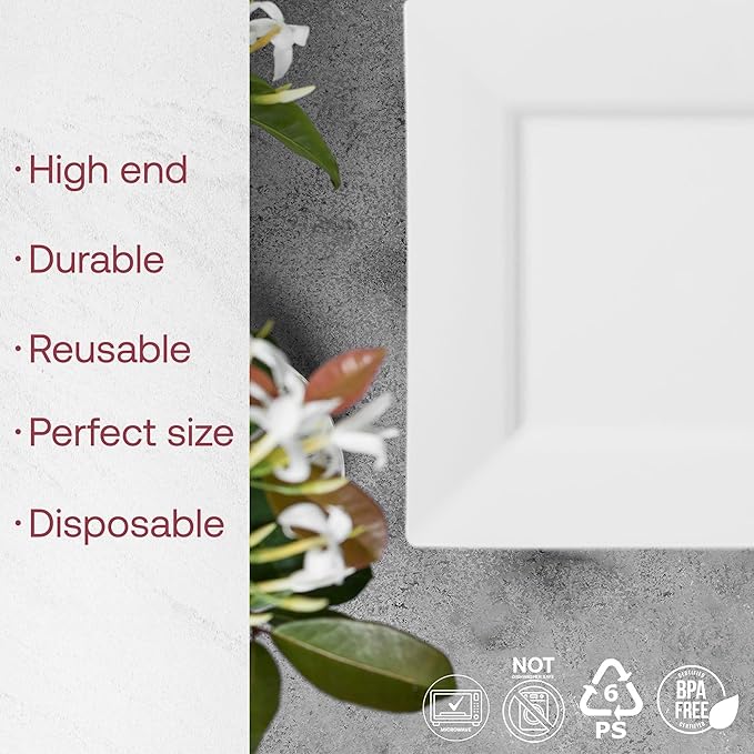 Smarty Had A Party 120 Elegant Disposable Plastic Dinnerware, 10.25" Heavy Duty Fancy Square White Plates for Parties and Events, Durable Supplies for All Occasions