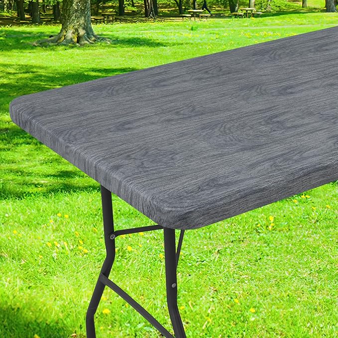 Smiry Rectangle Table Cloth Cover, Waterproof Elastic Fitted Picnic Tablecloth for 8 Foot Tables, Wipeable Flannel Backed Vinyl Tablecloths for Camping, Dining, Outdoor (Dark Grey, 30" x 96")
