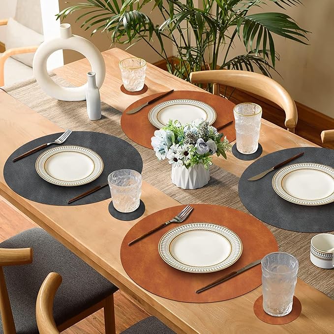 Round Placemats and Coasters Set of 6, Washable Reversible Faux Leather Placemats Cowhide Pattern Place Mats Wipeable Non-Slip 15 inch Round Kitchen Dining Table Mats (Gray Brown, 6)