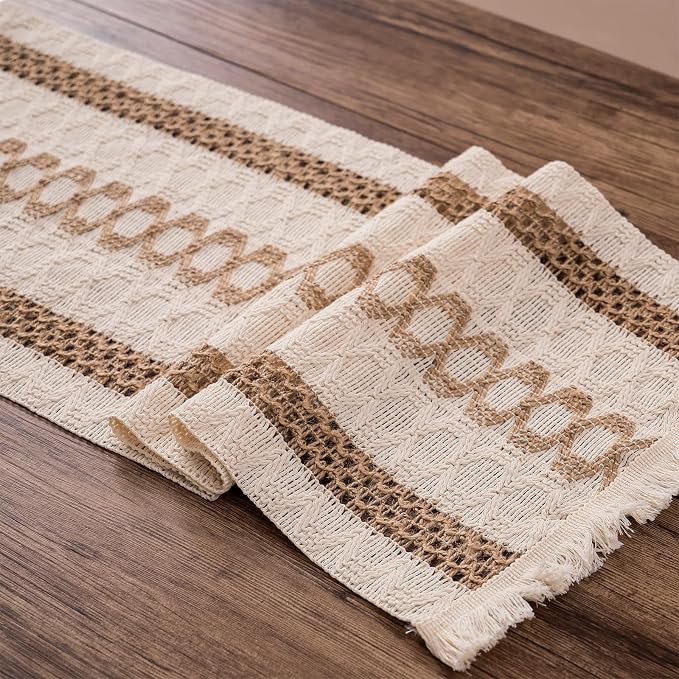 Boho Summer Table Runner with Tassels 12 x 72 Inches Long, Cream & Brown Rustic - Image 6