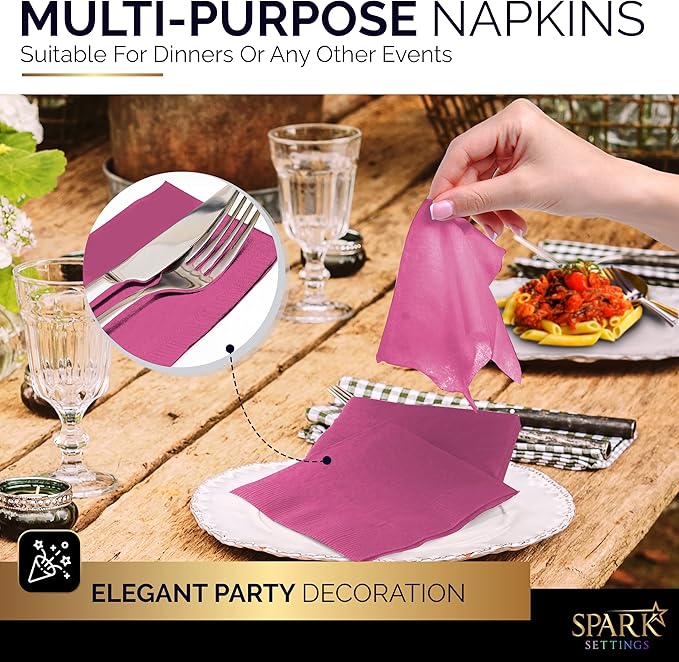 100 Pack Bright Pink Beverage Napkins, Big Party Pack, 2 Ply, Ideal for Wedding, Party, Birthday, Dinner, Lunch, Cocktails. (5” x 5”) by Amcrate