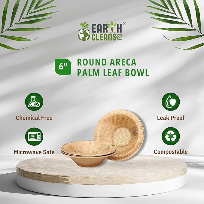 6" Areca Palm Leaf Round Bowls Compostable Biodegradable Eco-Friendly Bowls Natural Disposable Bowls, Perfect for Picnic Catering, Dessert, and Wedding (Pack of 25)