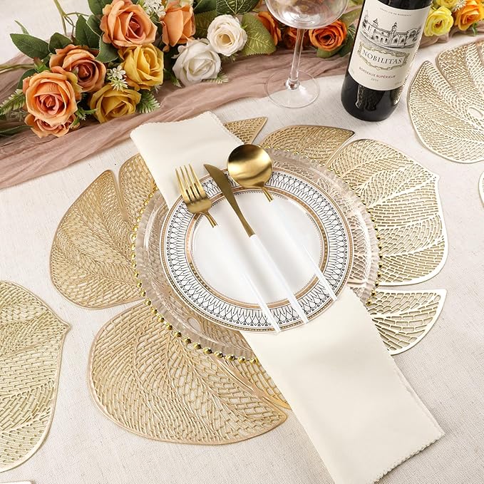 Evevda Gold Leaf Shaped Vinyl Placemats for Dinner Table Set of 8 Metallic Plastic Gold Place Mats Wipeable 8Pcs Table Mats for Wedding Annersary Dinner Table Decoration Mats