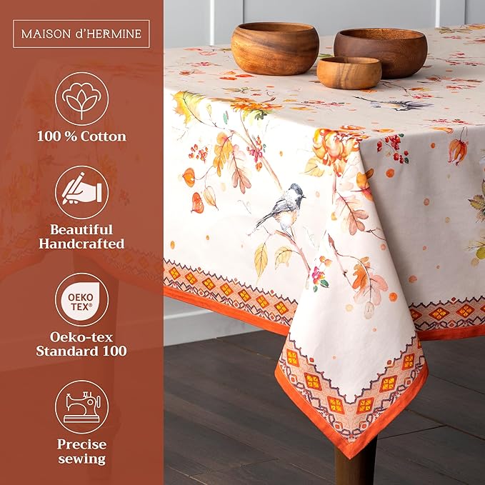 Maison d' Hermine Table Cloth Rectangle Table 100% Cotton 60 x 90 Inches Fall Tablecloth Reusable Everyday Use for Thanksgiving Christmas Decorations Dining Farmhouse Party (Kelim - Prairie)