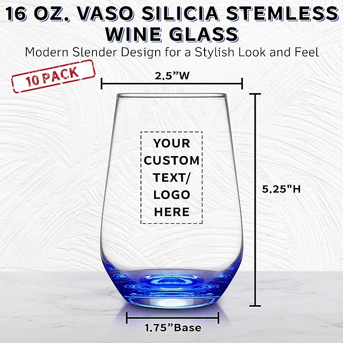 DISCOUNT PROMOS 10 Vaso Silicia Stemless Wine Glasses Set, 16 oz. - Personalized Text, Logo - Clear, Orb-Like, Thick base - Blue