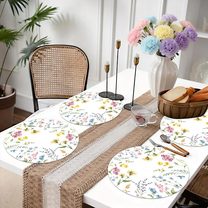 50 PCS Disposable Floral Paper Placemats - Watercolor Wildflower Round Placemat Spring Summer Table Mats for Home Kitchen Dinner Table Dining Party Decoration