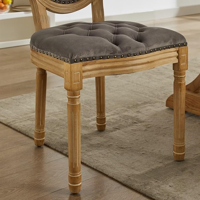 Ball & Cast French Vintage Upholstered Dining Chairs Set of 2, Button Tufted Kitchen Side-Chairs with Carved Antique Wood Frame & Nailhead Trims, 2-Piece Curved Backrest Louis Chair, Velvet Gray
