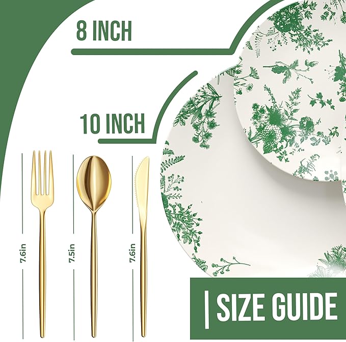 Trendables Fancy Plastic Dinnerware Sets 200 Pc Set 40 Guests Gold Silverware Disposable 40 X 10 Inch Charger Plates 40 X 8 Inch Dessert Plates 40 x Gold Plastic Forks and Spoons Knives In Verdure
