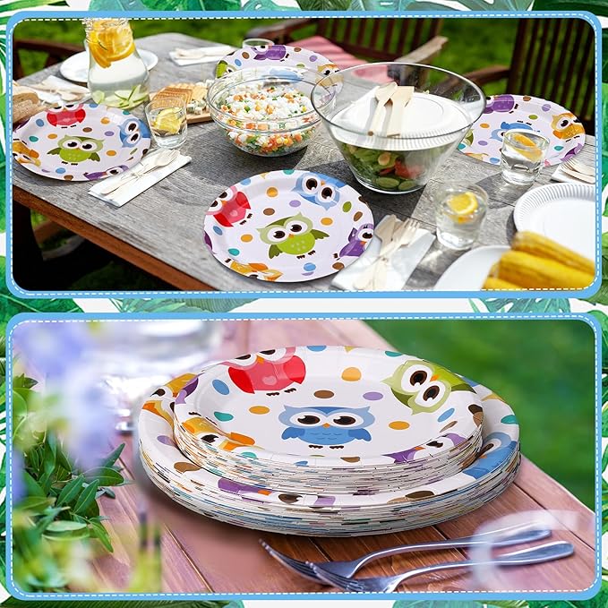 48 Pcs Cute Owls Plates Set Include 9 Inch and 7 Inch Watercolor Animal Disposable Plates Animal Party Decorative Dinner Birthday Tableware for Party Supplies