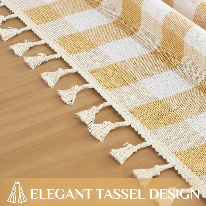 Softalker Checkered Tablecloth Rectangle, Outdoor Linen Cotton Gingham Table Cloth with Tassel, Heavy Duty Wrinkle Free Buffalo Plaid Table Cover for Kitchen Dining Home Party - 55 x 102 Inch, Yellow