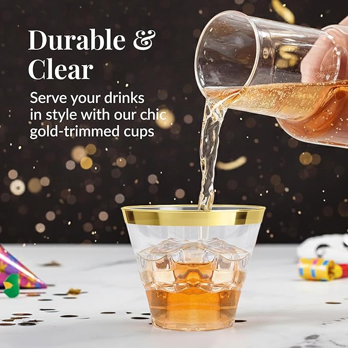 Prestee 100-Pack 9oz Gold Rimmed Plastic Cups Disposable Wine Glasses for Charcuterie, Weddings, Parties, and Events - Elegant Cocktail and Drinking Cups for Champagne, Martini, and Mocktails