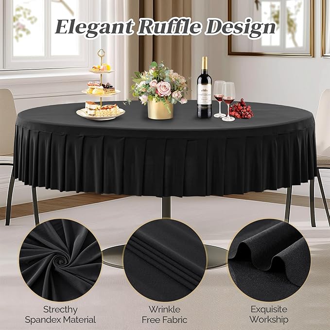 6 Pack Black Spandex Round Tablecloths for 72in Table, Stretchy Fitted 6FT Round Table Cloths, Wrinkle Free Table Cover with Skirt for Wedding Birthday Party Bridal Shower Banquet