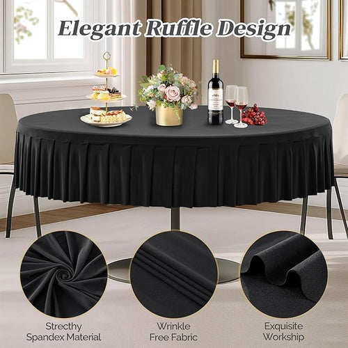2 Pack Black Spandex Round Tablecloths for 72in Table, Stretchy Fitted 6FT Round Table Cloths, Wrinkle Free Table Cover with Skirt for Wedding Birthday Party Bridal Shower Banquet