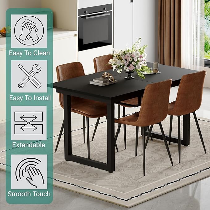 Modern Dining Table Set for 6, 55"-71" Extendable Dining Room Table Set for 6, Black Kitchen Table with 6 Upholstered Chairs, Space-Saving for Dining Room Apartment, Easy Assembly