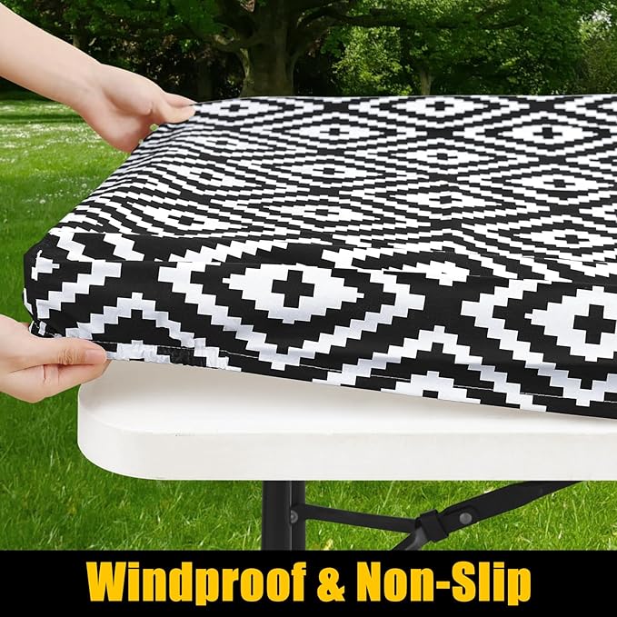 Smiry Rectangle Picnic Table Cloth, Waterproof Elastic Fitted Outdoor Tablecloths for 6 Foot Tables, Wipeable Flannel Backed Vinyl Table Cover for Camping, Dining and Indoor (30"x72", Black)