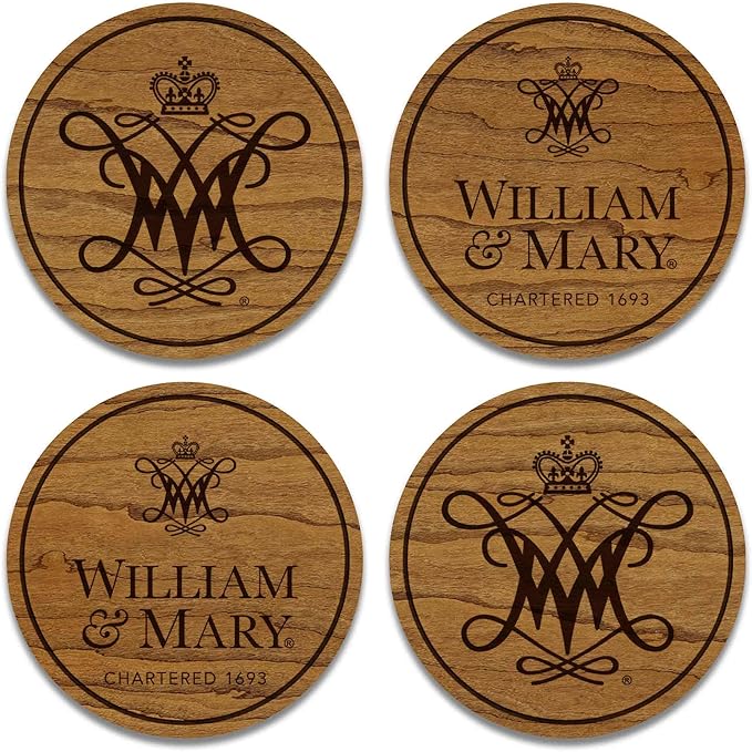 LazerEdge William & Mary Tribe Wooden Coaster Set - Cherry Wood - Officially Licensed Product - 4-Pack