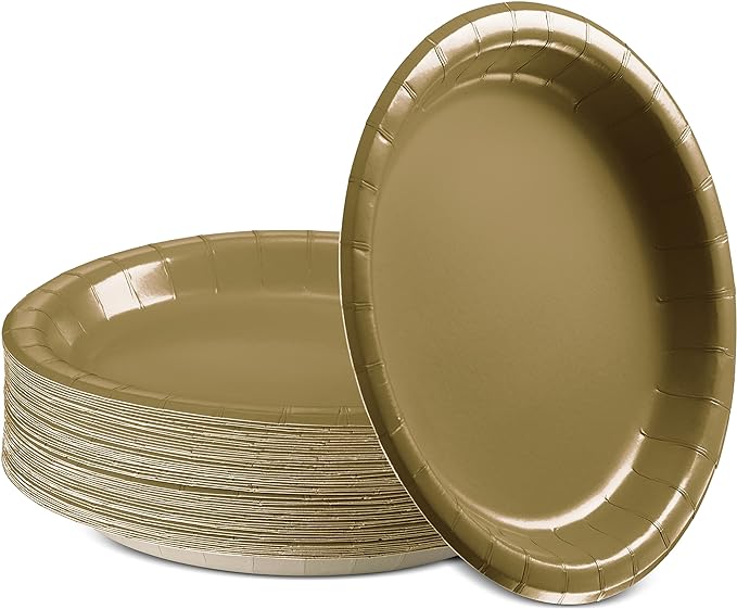 Disposable Paper Plates Gold, 7 Inch Paper Dessert Plates, Strong and Sturdy Disposable Plate for Party, Dinner, Holiday, Picnic, or Travel Party Plate, Pack of 50