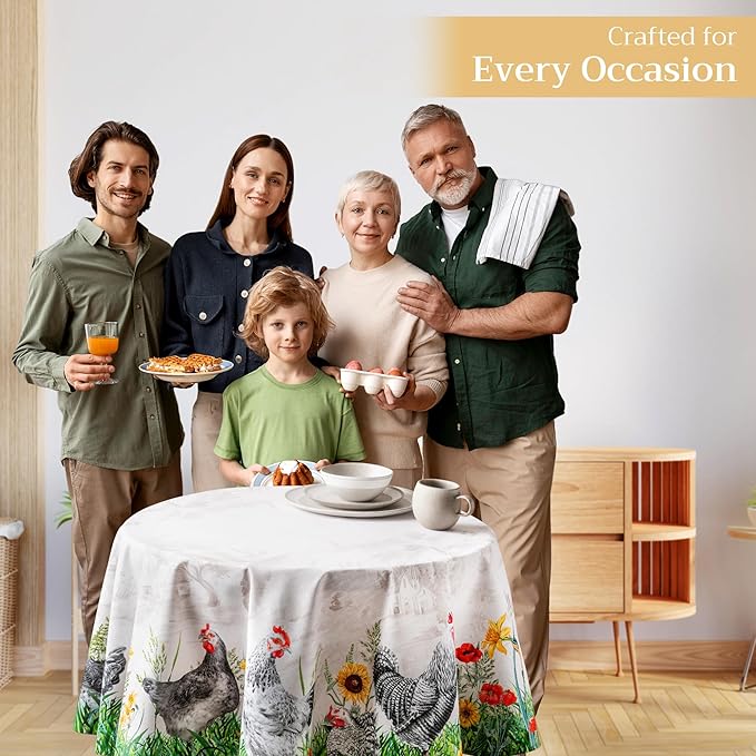 Maison d' Hermine Table Cloth Round Table 100% Cotton 69 Round Inches Tablecloth Reusable Decorative for Dining Room Farmhouse Home Valentines Day Decorations Spring Summer - Basse Cour