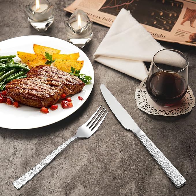 E-far Hammered Dinner Knives Set of 6, 8.9 Inch Stainless Steel Serrated Steak - Image 7