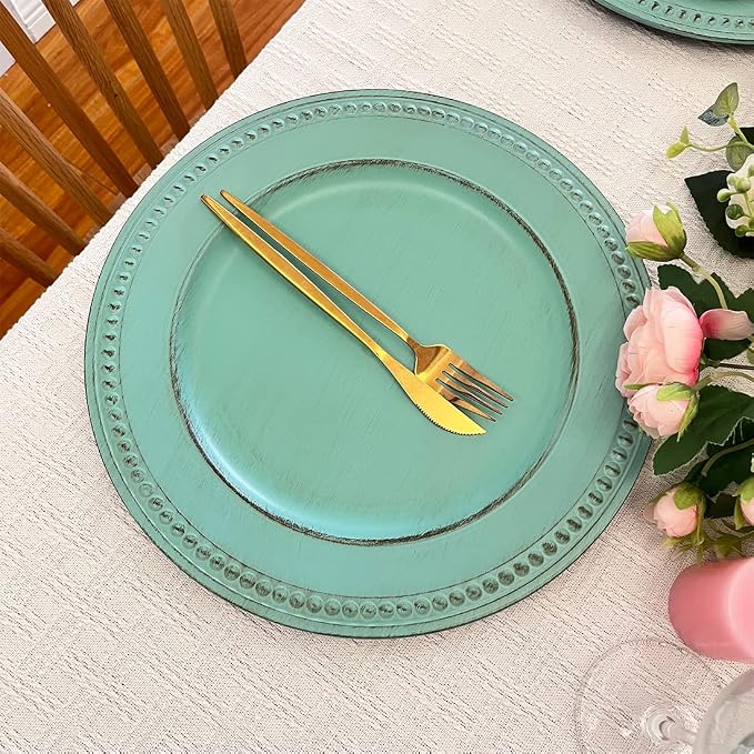 Antique Green Charger Plates, 13 Inch Vintage Dinner Plate Chargers Round - Image 3