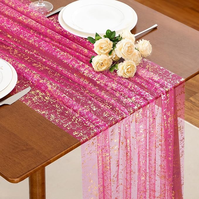 SiinvdaBZX Hot Pink Sheer Tulle Table Runner 120 Inch/10 Ft Long | Gauze Sequin by SiinvdaBZX