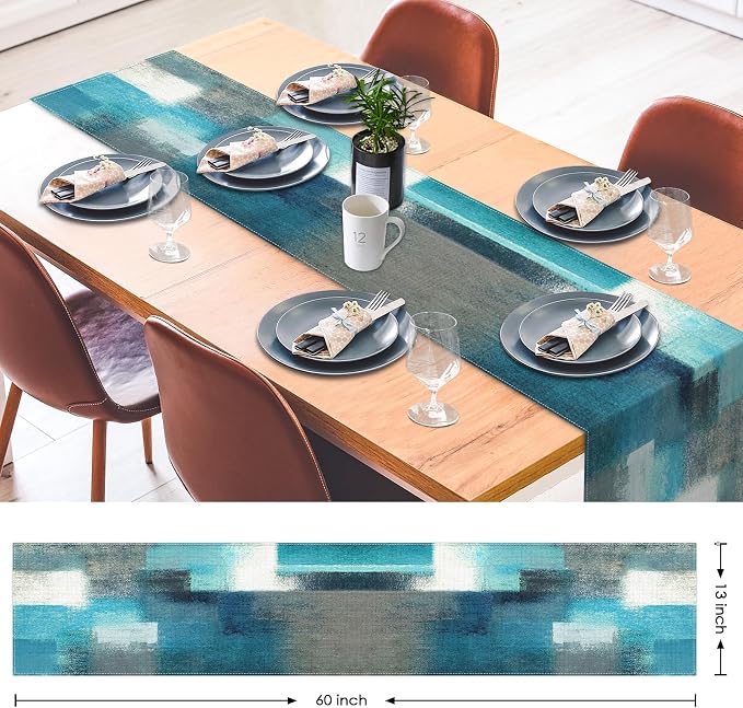 Emvency Table Runner, 13x60 Inch, Abstract Modern Farmhouse | Teal Grey Dining - Image 2