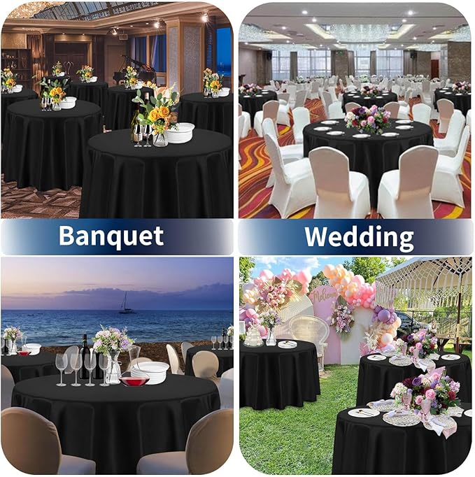 PureFit 8 Pack Round Black Table Cloths 90 Inch for Round Tables, Stain and Wrinkle Resistant Table Linens for Home Use, Wedding, Party, Banquet and Camping