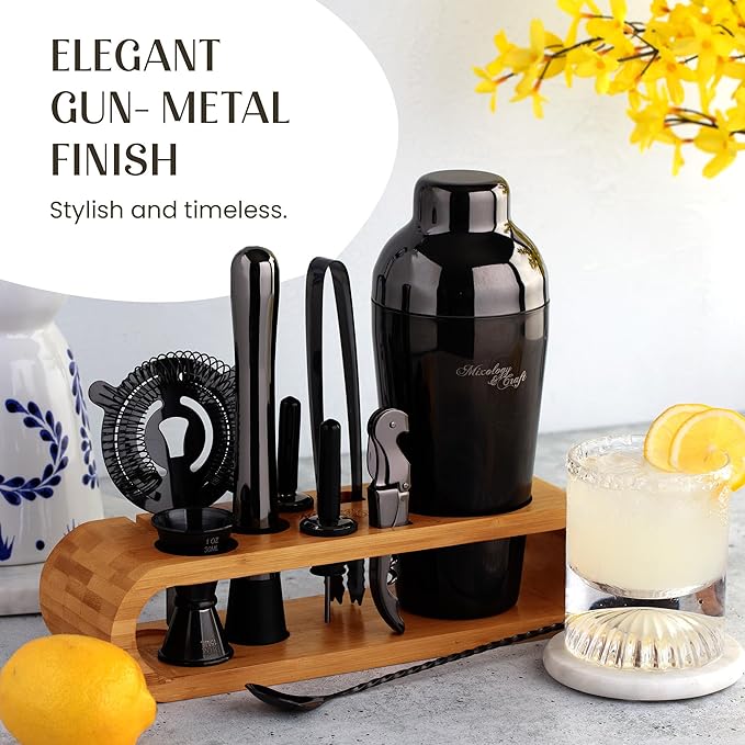Mixology & Craft Cocktail Shaker Set with Bamboo Stand - Professional 10-Piece Bartender Kit - Complete Bar Set & Cocktail Mixer Kit for Home (Gun-Metal)