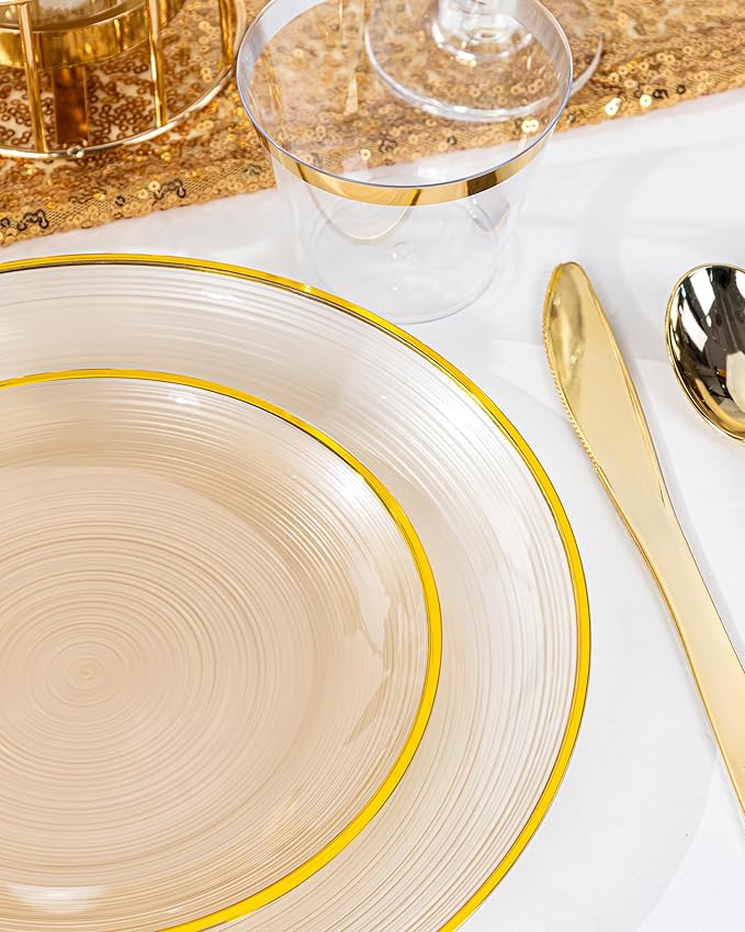 Morejoy 100Pcs Brown Plastic Plates, Clear Coffe Disposable Plates With Gold Rim,Heavy-Duty Brown Plates, Gold Dinnerware Set Include 50 Dessert-plates,50 Dinner-plates for Party & Christmas