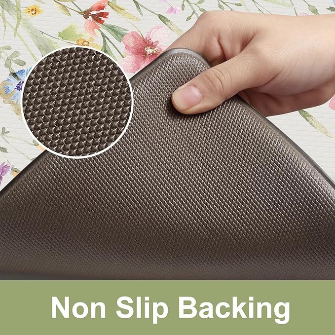 KIMODE Anti Fatigue Kitchen Mat, Cushioned Boho Kitchen Runner, Non Slip Farmhouse Kitchen Mat for Floor, Waterproof Standing Desk Mat for Laundry, Office, Sink White 17.3"x59"