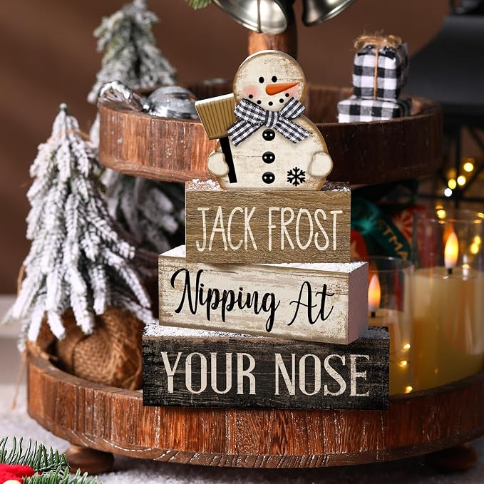 Moucuny 4 Pcs Christmas Table Decor Wooden Snowman Black and White Winter - Image 3