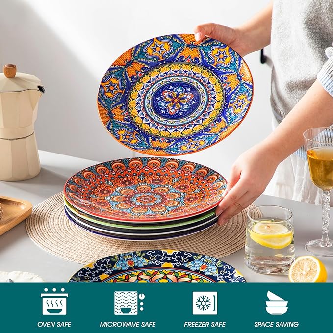 vancasso Bohemian Dinner Plates Set of 6, 10.5 Inch Ceramic Kitchen Plates for Dinner, Colorful Printed Dishes for Dining, Microwave & Dishwasher Safe Plate Set, Series KRVI