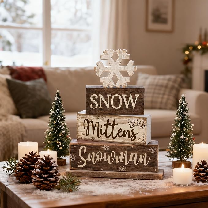 Moucuny 4 Pcs Winter Table Decorations Wooden Snowflake Decor Christmas Tiered - Image 5