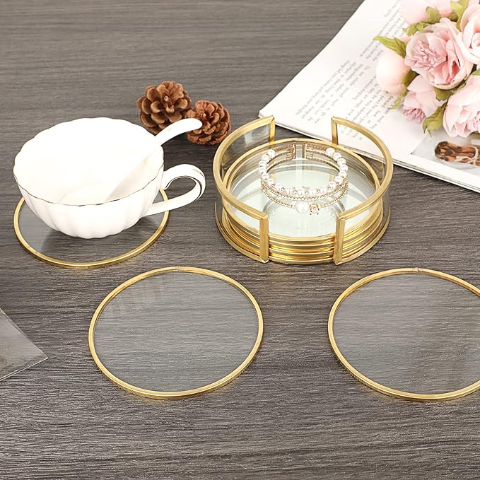 JUXYES Set of 8 Gold Brass Clear Glass Round Coaster - Image 3