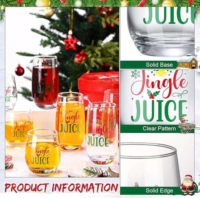 8 Pcs Christmas Wine Glasses Drinkware 4 Glass Cups 16 oz & 4 Short Stemless Wine Glasses 11oz Glass Christmas Party Gift for Women Home Decor Gifts