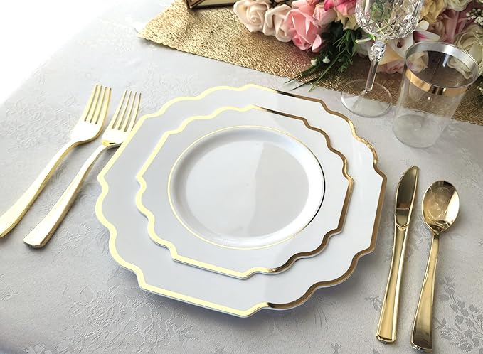 " OCCASIONS " 80 Plates Pack,(40 Guests) Heavyweight Wedding Party Disposable Plastic Plates Set -40 x 10.5'' Dinner + 40 x 8'' Salad/Dessert Plate (Imperial White & Gold)