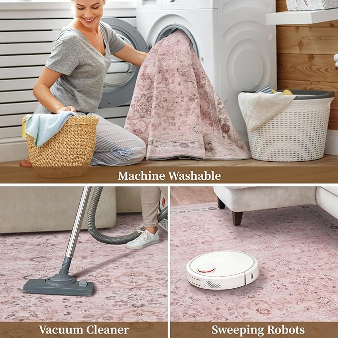 MontVoo-Vintage Area Rug 9X12 Pink Rugs for Living Room-Soft Distressed Printed Rugs for Bedroom-Non Slip Carpet-Machine Washable Rug for Dining Room Living Room Bedside Office