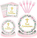 96 Pieces First Communion Floral Tableware Set – Pink Floral Cross Disposable by GistomeHome