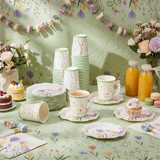 FillTouch 48 Sets Wildflower Floral Paper Tea Cups and Saucers Disposable Paper - Image 6