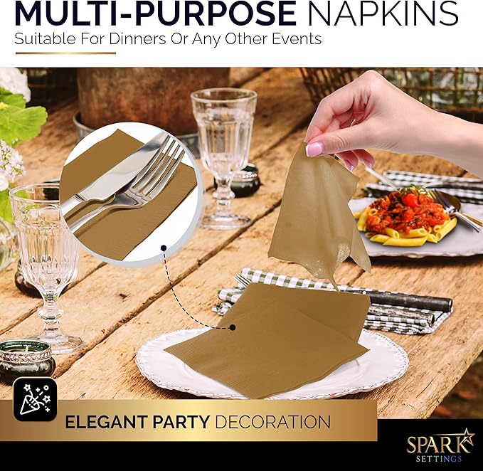 100 Pack Gold Beverage Napkins, Big Party Pack, 2 Ply, Ideal for Wedding, Party, Birthday, Dinner, Lunch, Cocktails. (5” x 5”) by Amcrate