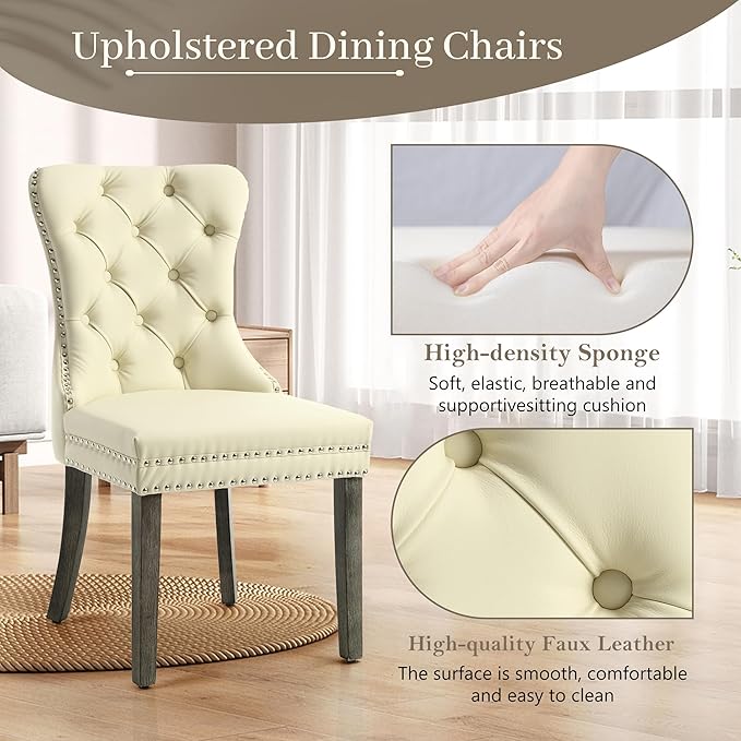 KCC Faux Leather Dining Chairs Set of 6, Upholstered High-end Tufted Dining Room Chair with Nailhead Back Ring Pull Trim Solid Wood Legs, Contemporary Nikki Collection Modern Style for Kitchen, Beige