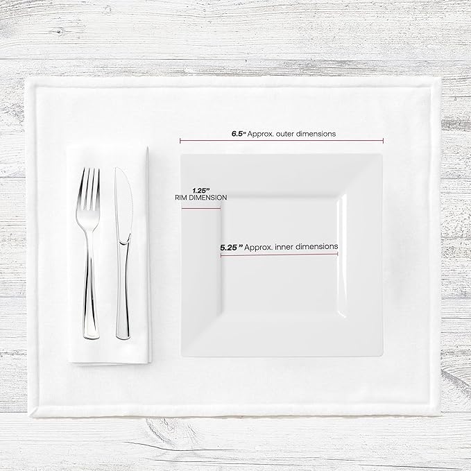 Smarty Had A Party 120 Disposable Plastic Dessert Plates, Fancy Square White Salad Plates, 6.5" for Appetizers and Cake, Heavy Duty Bulk Party Supplies for All Occasions