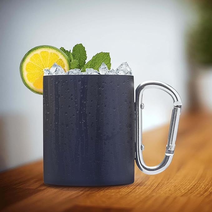 DISCOUNT PROMOS Stainless Steel Mugs with Carabiner Handle 10 oz. Set of 10, Bulk Pack - Perfect for Coffee, Soda, Other Hot & Cold Beverages - Navy Blue