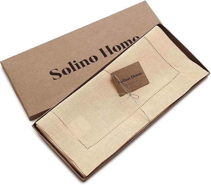 Solino Home Linen Hemstitch Table Runner 60 Inches - 100% Pure Linen Beige Table Runner 14 x 60 Inch Ideal for Dresser and Coffee Tables - Spring, Easter - Classic Hemstitch