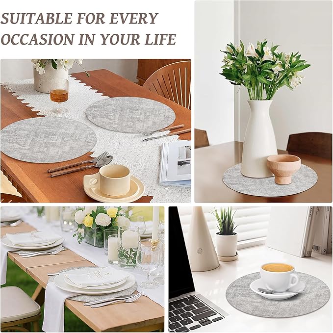 13" Round Placemats Set of 4, Reversible Faux Leather Heat Resistant Table Mats, Waterproof Oilproof Wipeable Table Protective Placemats for Vinyl, Washable for Indoor & Outdoor Use (4, Light Grey)