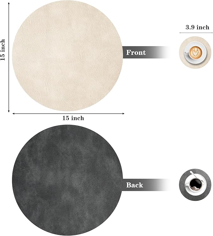 Round Placemats and Coasters Set of 8, Washable Reversible Faux Leather Placemats Cowhide Pattern Place Mats Wipeable Non-Slip 15 inch Round Kitchen Dining Table Mats (Gray Beige, 8)