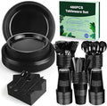 Kochorie 480 Pieces Black Plastic Dinnerware Set for 60 Guests Disposable Heavy Duty Plates Napkins Cups and Silverware Dessert Dinner Plates for Halloween Birthday Wedding Party Supplies